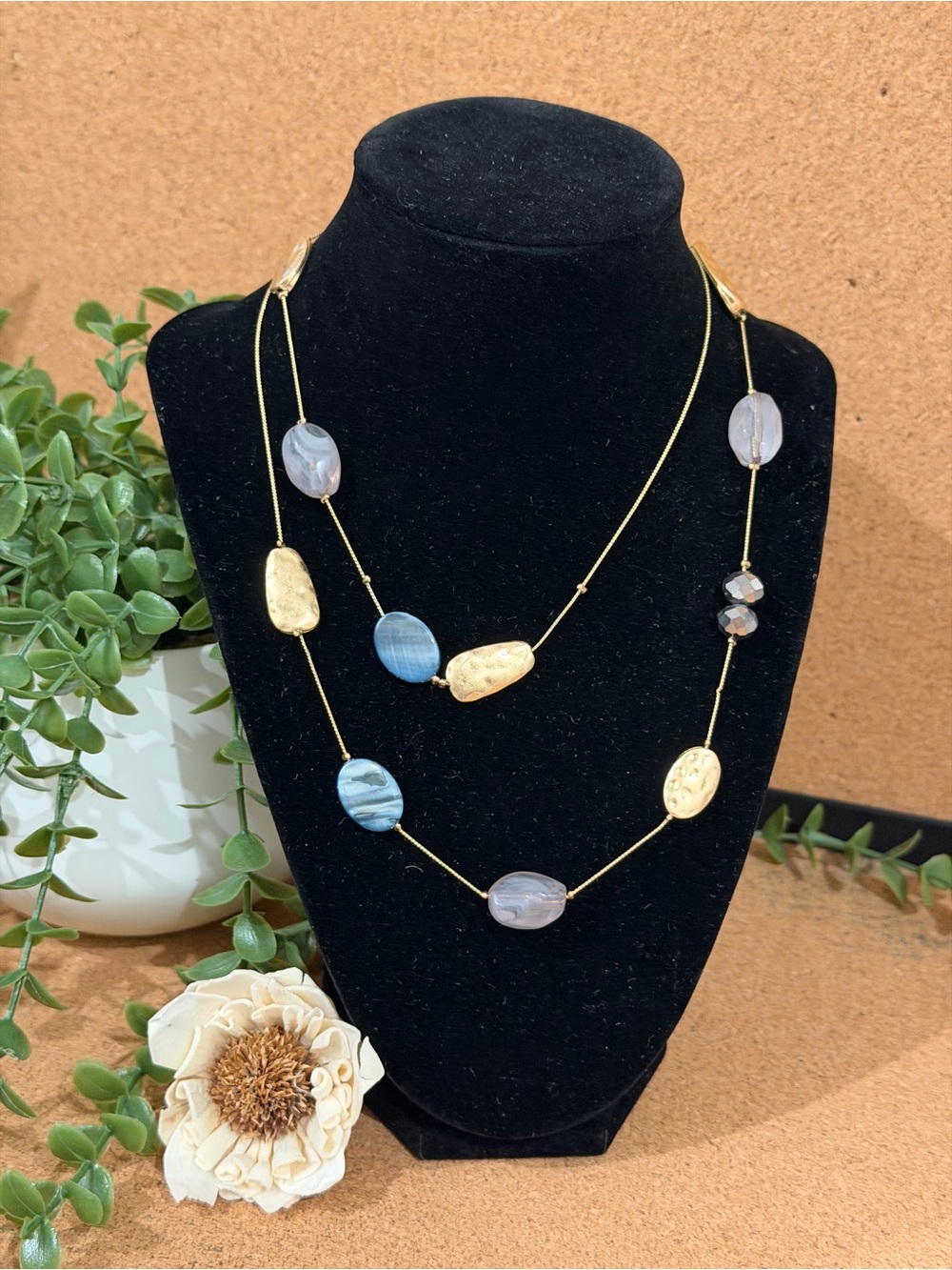 Ashley Cooper Layered Gold Beaded Necklace with Blue and Gray Agate Accents